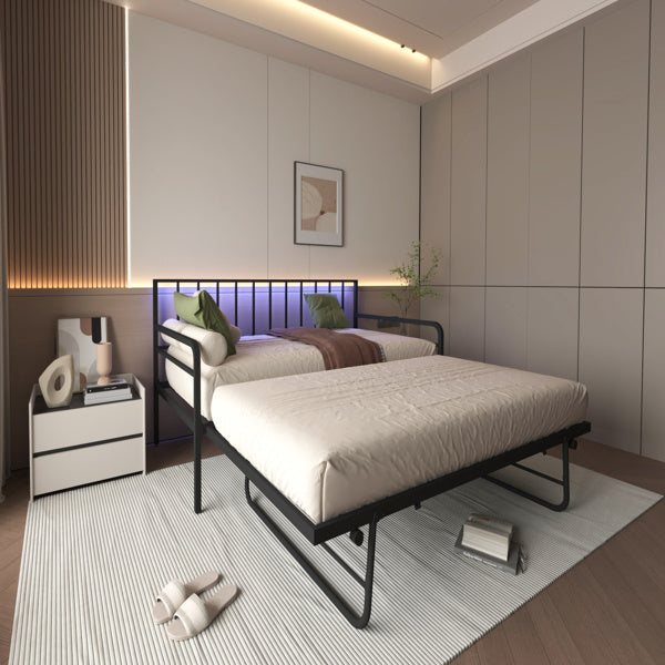 Double Sofa Bed With RGB LED Lights And Charging Station, Height Adjustable Sofa Bed Frame With Rollers, Suitable For Multifunctional Metal Sofa Bed Frame In Bedrooms, Living Rooms, And Guest Rooms, B