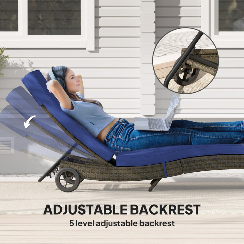 Patio Wicker Chaise Lounge Chair, Outdoor PE Rattan Sun Lounger With Adjustable Backrest And 2 Wheels, Dark Blue