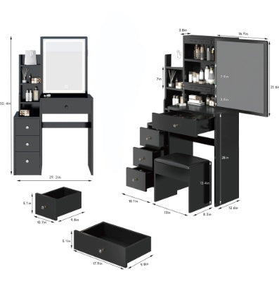 29.2 Small Space Left Bedside Cabinet Vanity Table   Cushioned Stool, Extra Large Right Sliding Mirror  Multi Layer High Capacity Storage, Practical Fashionable Dresser Suitable For Small Space