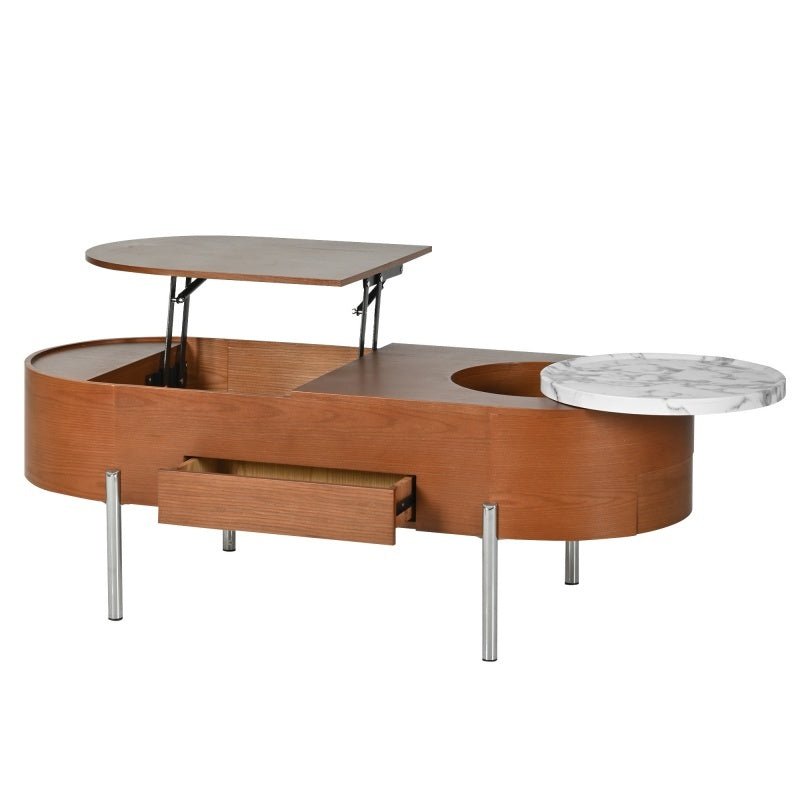 47.2-inch Lift Coffee Table With 360 Degree Marble Patterned Rotating Tray, Modern Oval Lift Tabletop,
