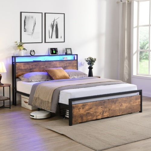 Full Size Bed Frame With Storage Headboard And 2 Drawers, LED Lights Bed With Charging Station, Metal Platform Bed No Noise