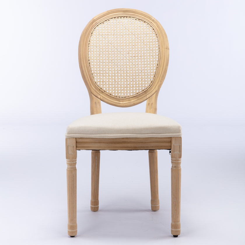A&A French Style Solid Wood Antique Linen & Rattan Back Dining Chair