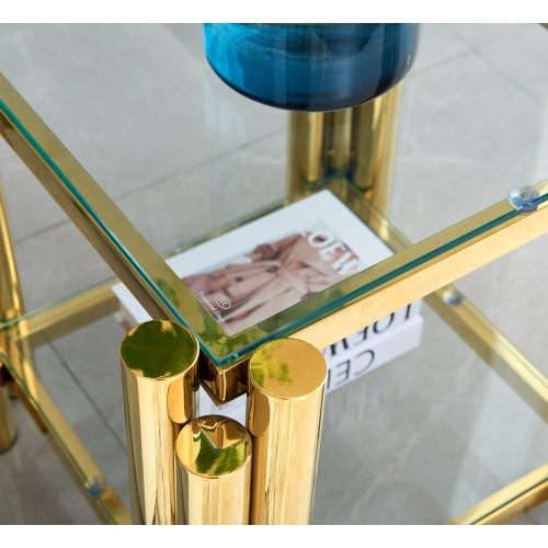 20 Inch Square End Table, Modern Stainless Steel End Table, Double-Layer Clear Tempered Glass Coffee Table, Side Table With Storage, For Living Room Home Office