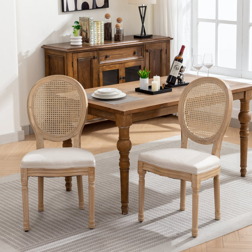 A&A French Style Solid Wood Antique Linen & Rattan Back Dining Chair
