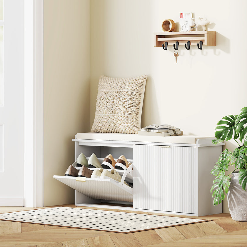 Shoe Storage Bench With Padded Seat Cushion And Flip-Drawer, Entryway Bench, Shoe Cabinet, 40.9x10.2x18.7 Inches, White