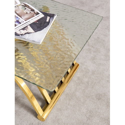 47 Rectangle Modern Stainless Steel Coffee Table, Water Ripple Tempered Glass Coffee Table, Center Table, For Living Room Home Office, Easy Assembly, Gold