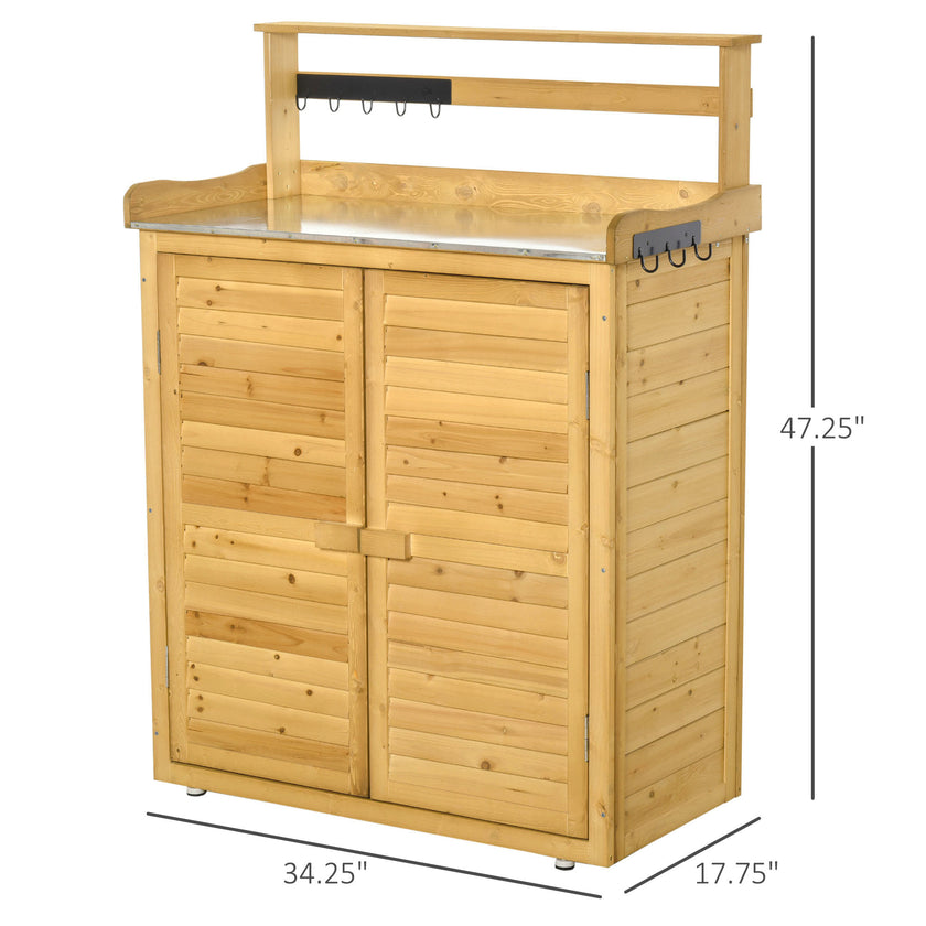 Wooden Potting Bench 3-Tier Storage Cabinet Work Station Table Lockable Organizer With Magnetic Latch Hooks Foot Pads 34.25L Yellow
