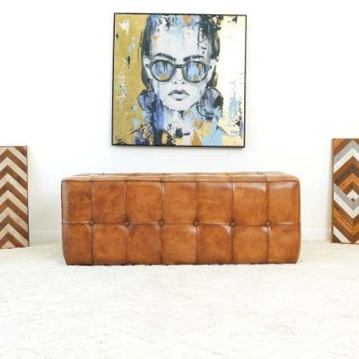 Benjiro Tan Leather Bench Ottoman Stool Leather Footstool Bench 17.7H X 47.2W X 19.7D