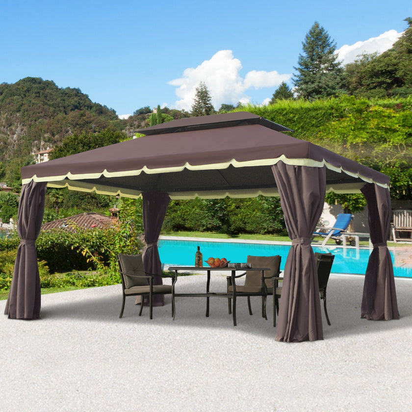 10x13 Aluminum Gazebo Patio Canopy  Outdoor Shelter With Double Roof, Netting & Curtains