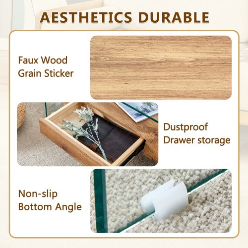 43.3 Inch Modern Two-Tier Coffee Table - Clear Tempered Glass And Natural Wood Grain, Multifunctional Storage Design.The Bottom Tier Includes A Drawer.Can Be Used As A Coffee Table,side Table,etc