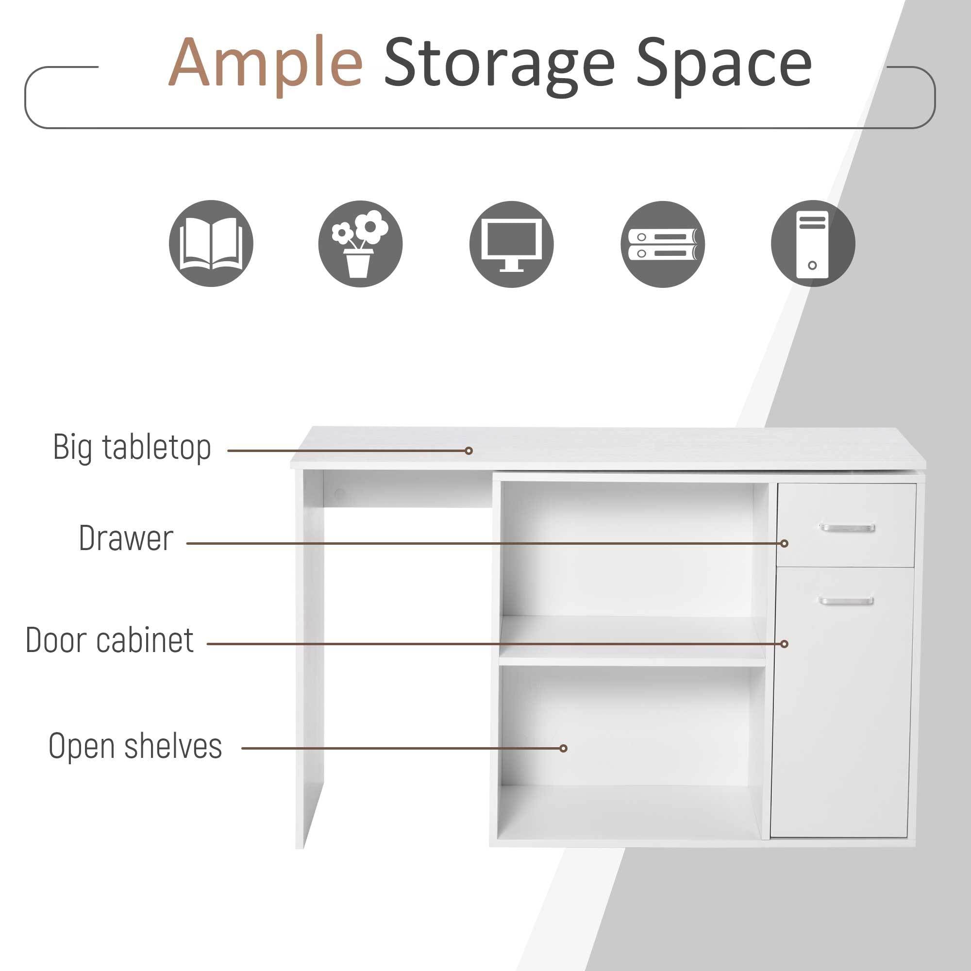 L-Shaped White Computer Desk With Rotating Shelves And Drawer Home Office Workstation