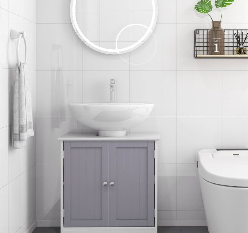 Kleankin Bathroom Vanity Cabinet, Sink Cabinet With U-Shape Cut-Out, Adjustable Shelf, White And Gray