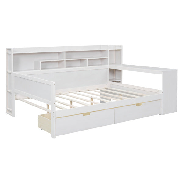 Wooden Full-size Sofa Bed With Storage Rack, Multifunctional Bed With Two Storage Drawers And Desk, Antique White
