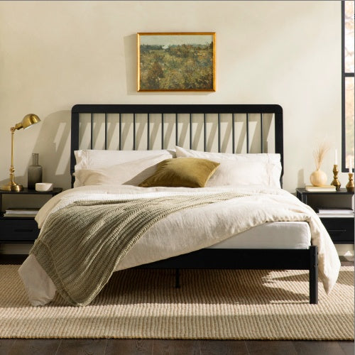 Mid-Century Modern Solid Wood Queen Spindle Bed Black