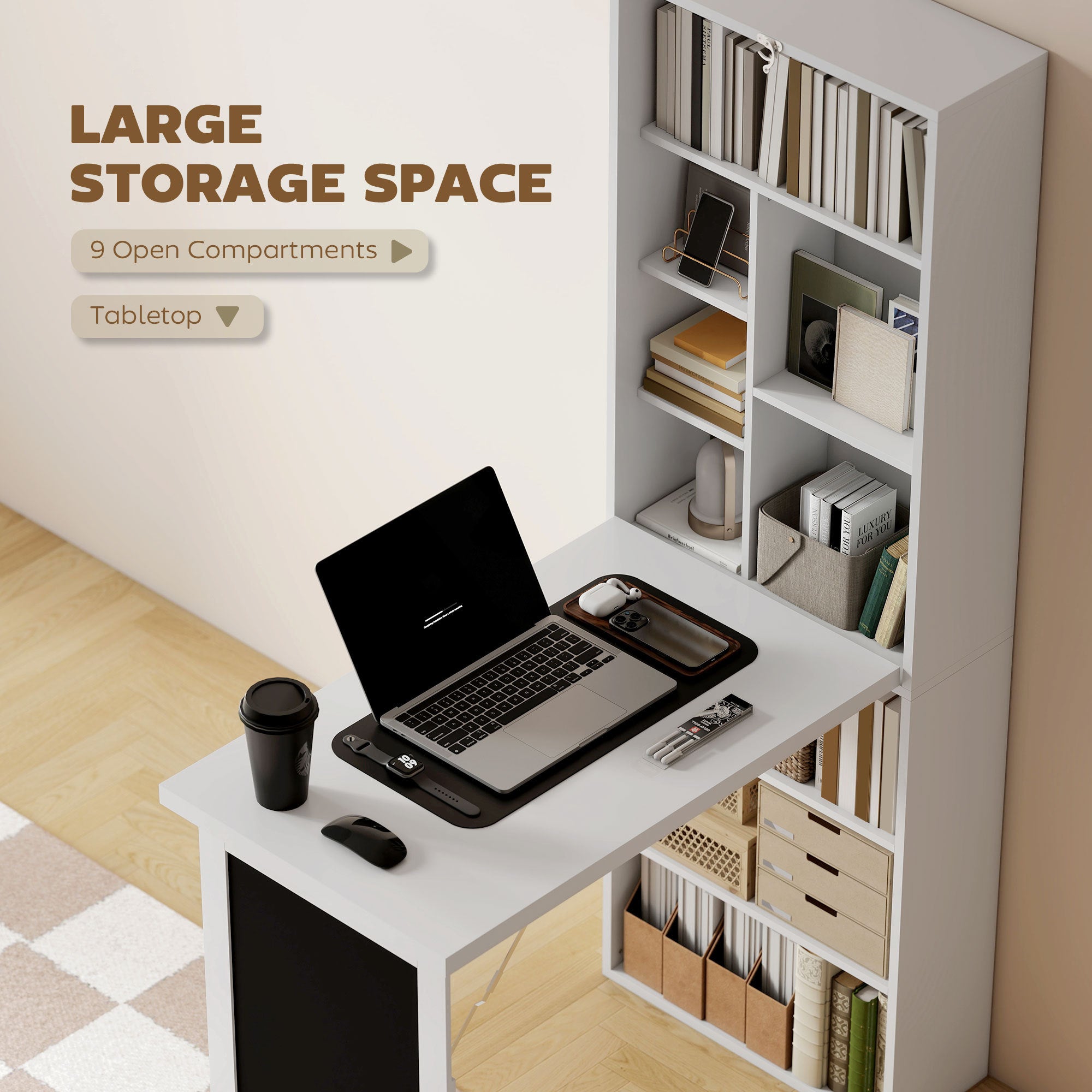 Fold Down Convertible Writing Table, Folding Desk With Blackboard & Side Shelf, Multi-Function Computer Office Workstation, White