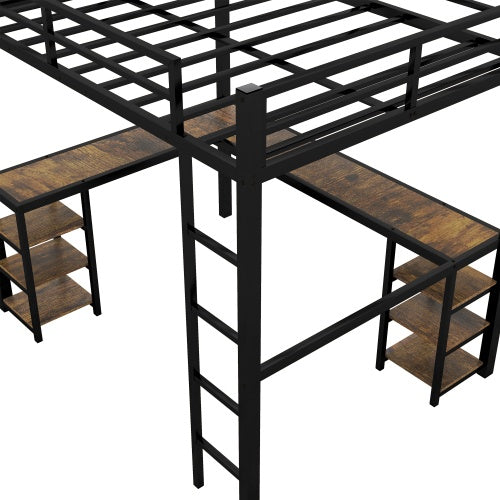 Twin XL Metal Loft Bed With Desk And Shelves, Loft Bed With Ladder And Guardrails, Loft Bed Frame For Bedroom, Black