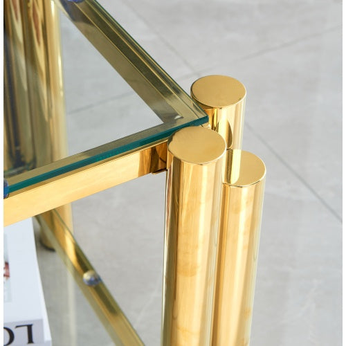 20 Inch Square End Table, Modern Stainless Steel End Table, Double-Layer Clear Tempered Glass Coffee Table, Side Table With Storage, For Living Room Home Office