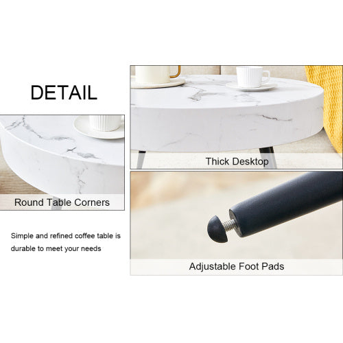 31.5 White Marble-Patterned MDF Round Coffee Table With Black Metal Legs.Adjustable Feet,Coffee Table,Round Table Design,MDF Material,White Marble Pattern.