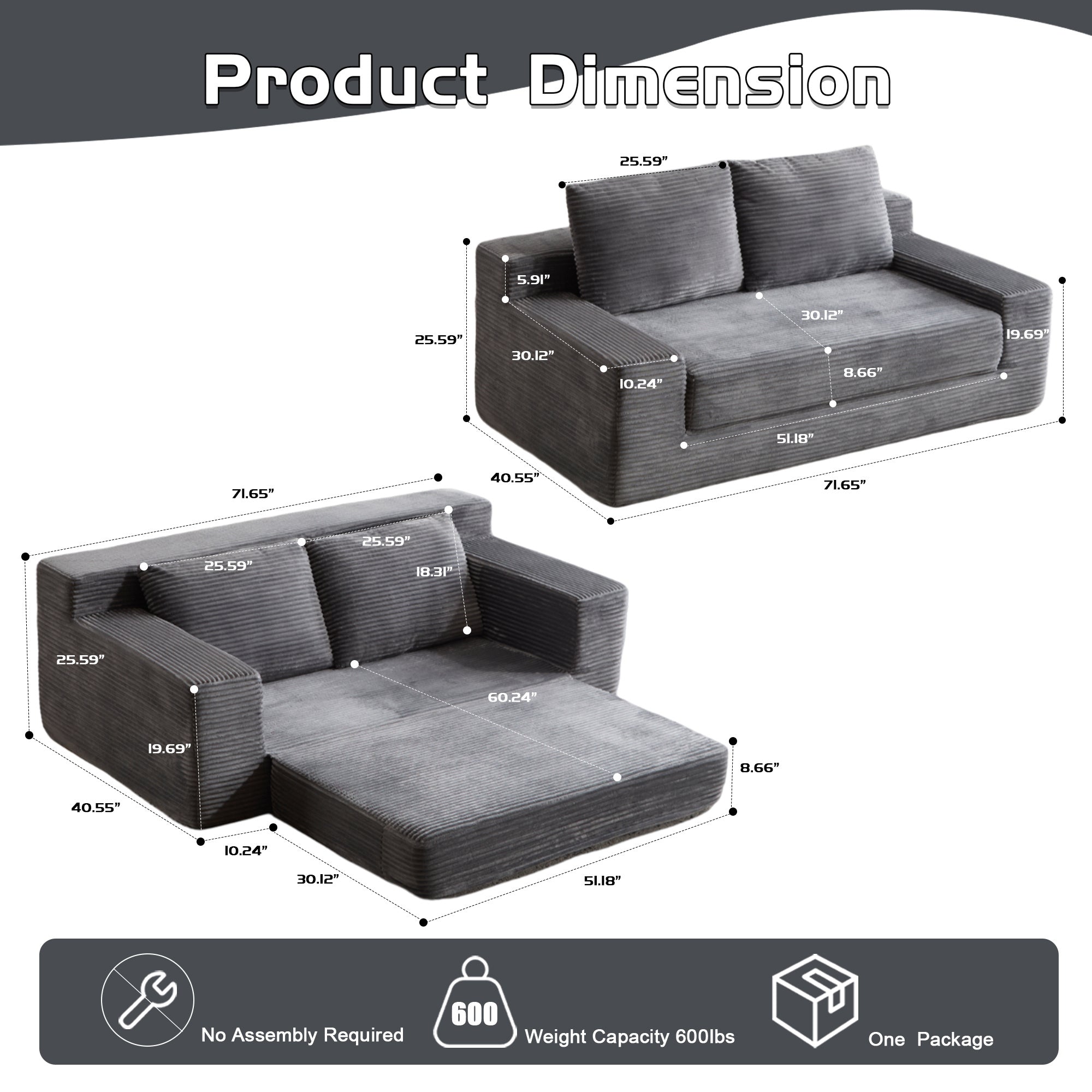 Loveseat Sofa, Comfortable Deep Seat Sofa Bed, Modern Small Corduroy Couch For Living Room Bedroom,Reversible Cushion With Pillows,No Assembly Required,Dark-grey