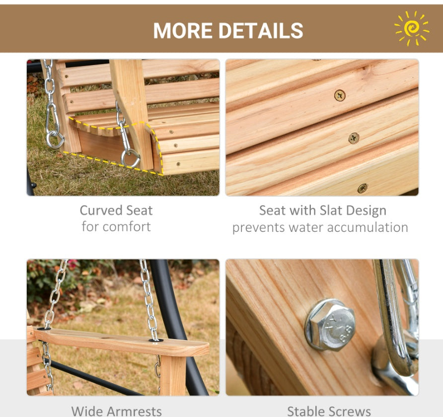 Wooden Swing Bench Heavy Duty Steel Chains 59 W X 29.5 D High Backrest, 440lbs Capacity, Natural