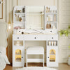 43.2 Vanity Desk With LED Mirror And Lights, Glass Top Vanity With RGB Glass Light Cabinets, Dressing Table With 5 Drawers ,Storage Shelves And Stool For Bedroom, White