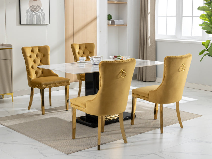 A&A Furniture,Nikki Modern, High-end Tufted Solid Wood Contemporary Velvet Upholstered Dining Chair With Golden Stainless Steel Plating Legs,Nailhead Trim,Set Of 2,Gold, SW1601GL