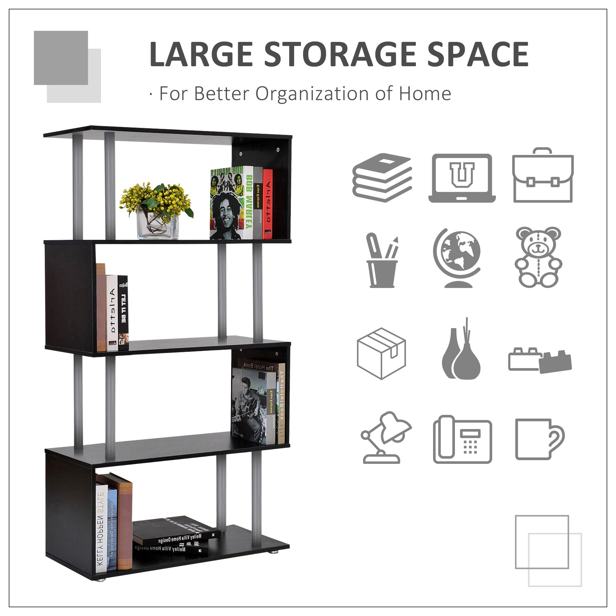 5-Tier Bookcase S-Shaped Wooden Storage Shelf Modern Decorative For Home And Office Black