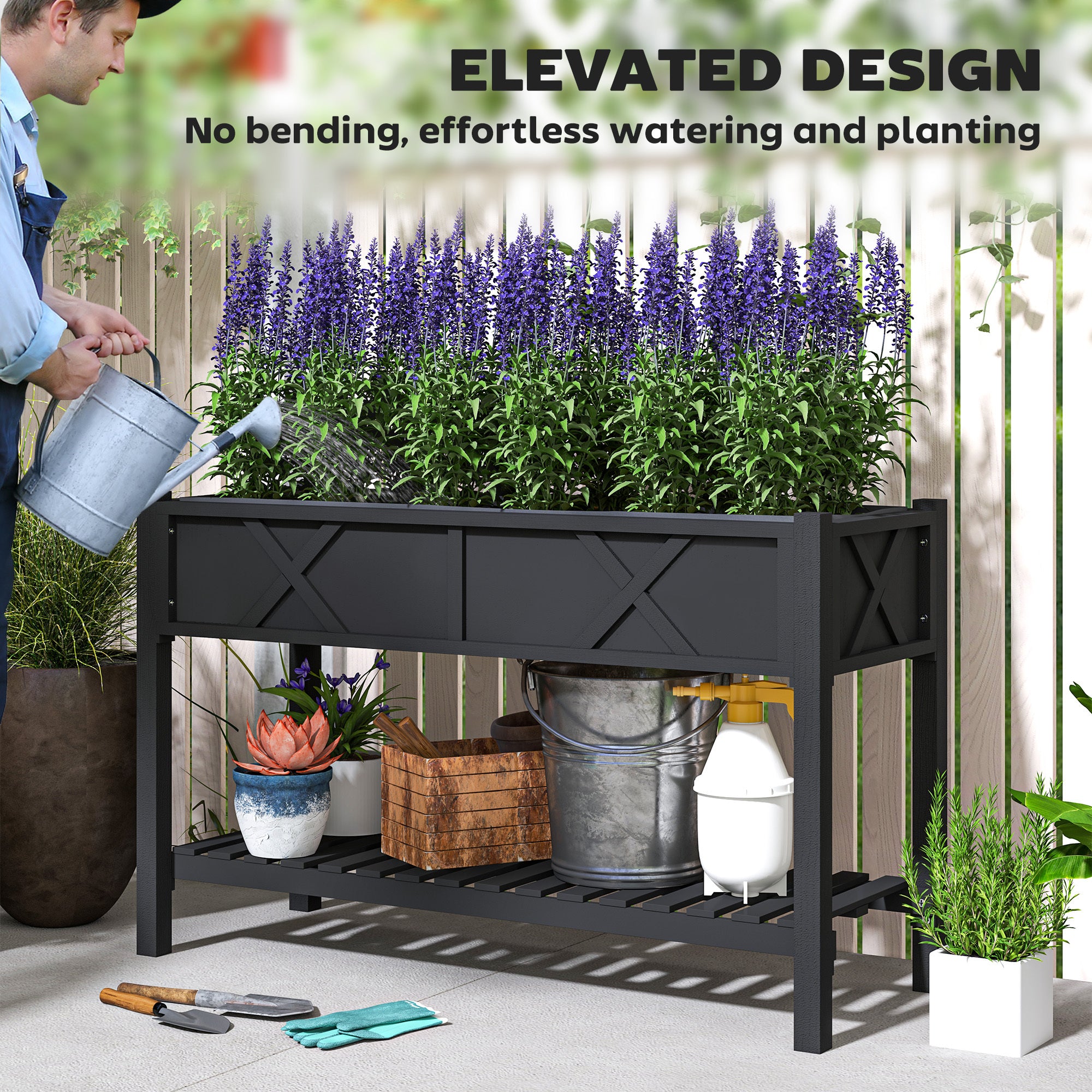 Raised Garden Bed, 47 X 22 X 31.5 In. Elevated Wood Planter Box With Storage Shelf, Drainage Holes, And Liner, Black