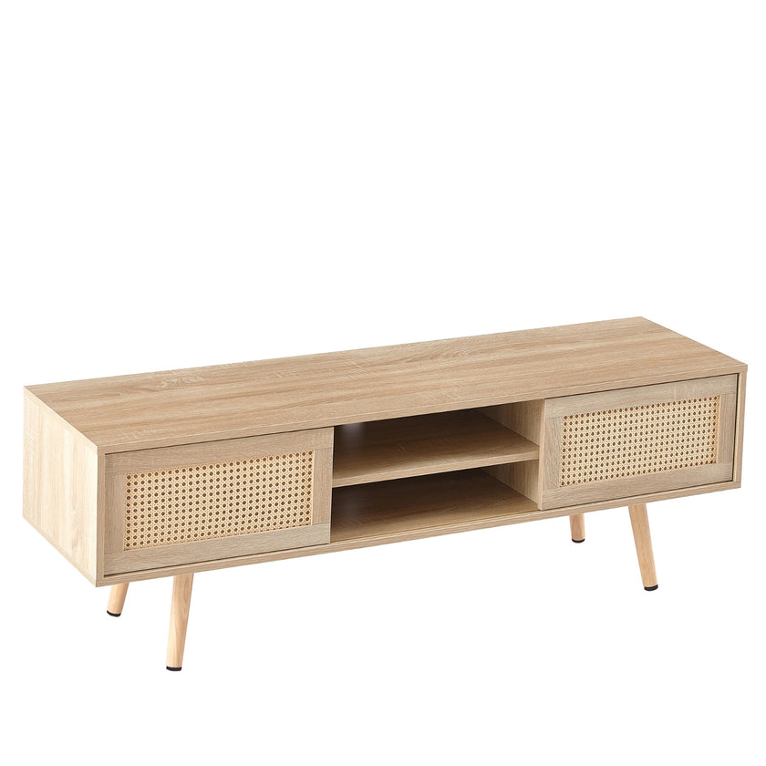 55.12  Rattan TV Cabinet With Sliding Doors  Adjustable Shelf   Solid Wood Legs