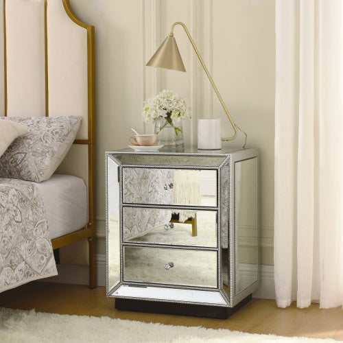 W 22X D 16  X 26.8  Silver Mirror Three Drawer Cabinet