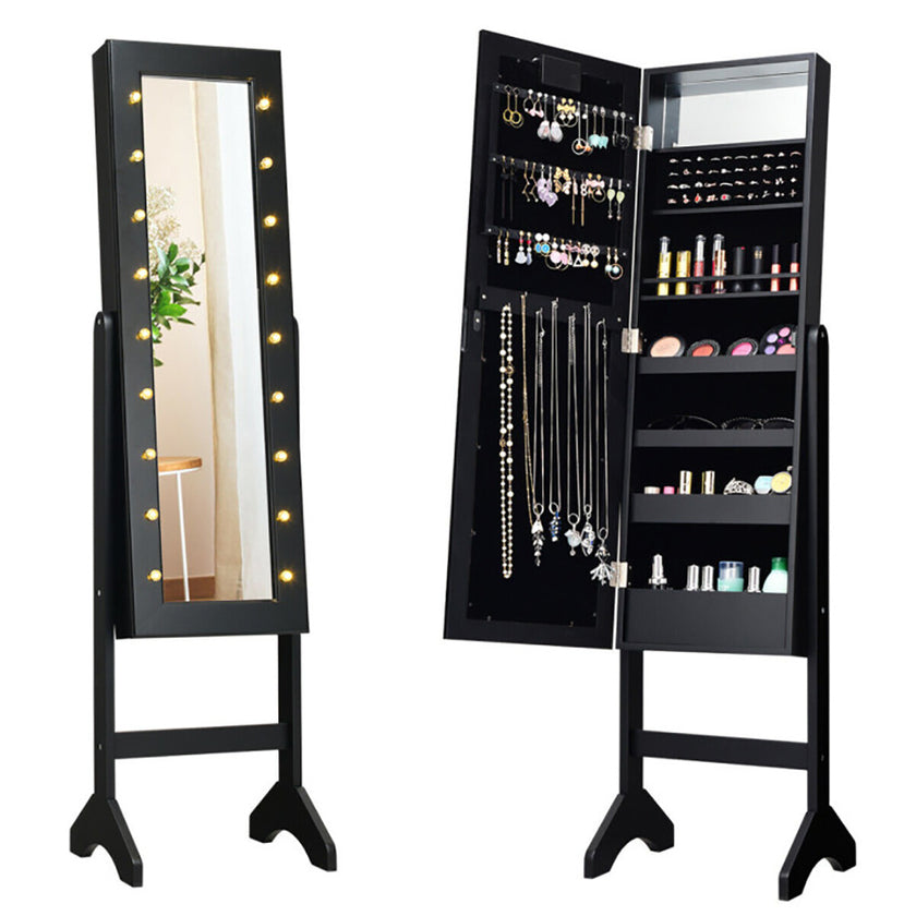 Mirrored Standing Jewelry Armoire Cabinet With LED Lights