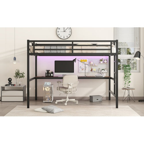Metal Full XL Size Loft Bed With Power Outlet And LED Lighted, Space-Saving, Noise Reduced, Black