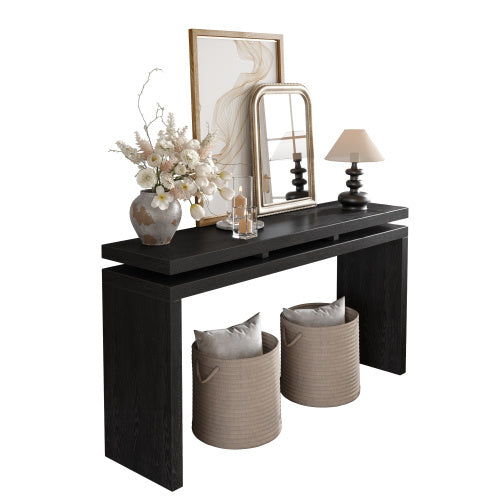 60  Antique Natural Farmhouse Console Table - Retro Wooden Entryway Table With Double Board Suspension Design, Solid Wood & MDF, Sofa Table For Living Room