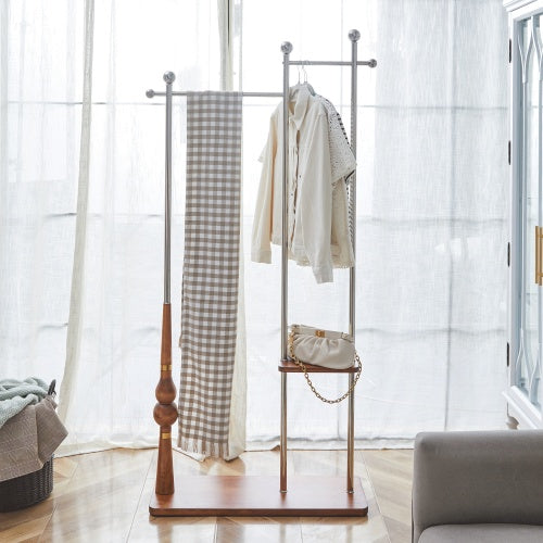 70  Industrial Coat Rack, Solid Wood & Silver Stainless Steel Clothing Rack, Double Layer Hanger For Coats, Hats, Bags, Shoes, Vintage Wood Grain  34.6  Wide