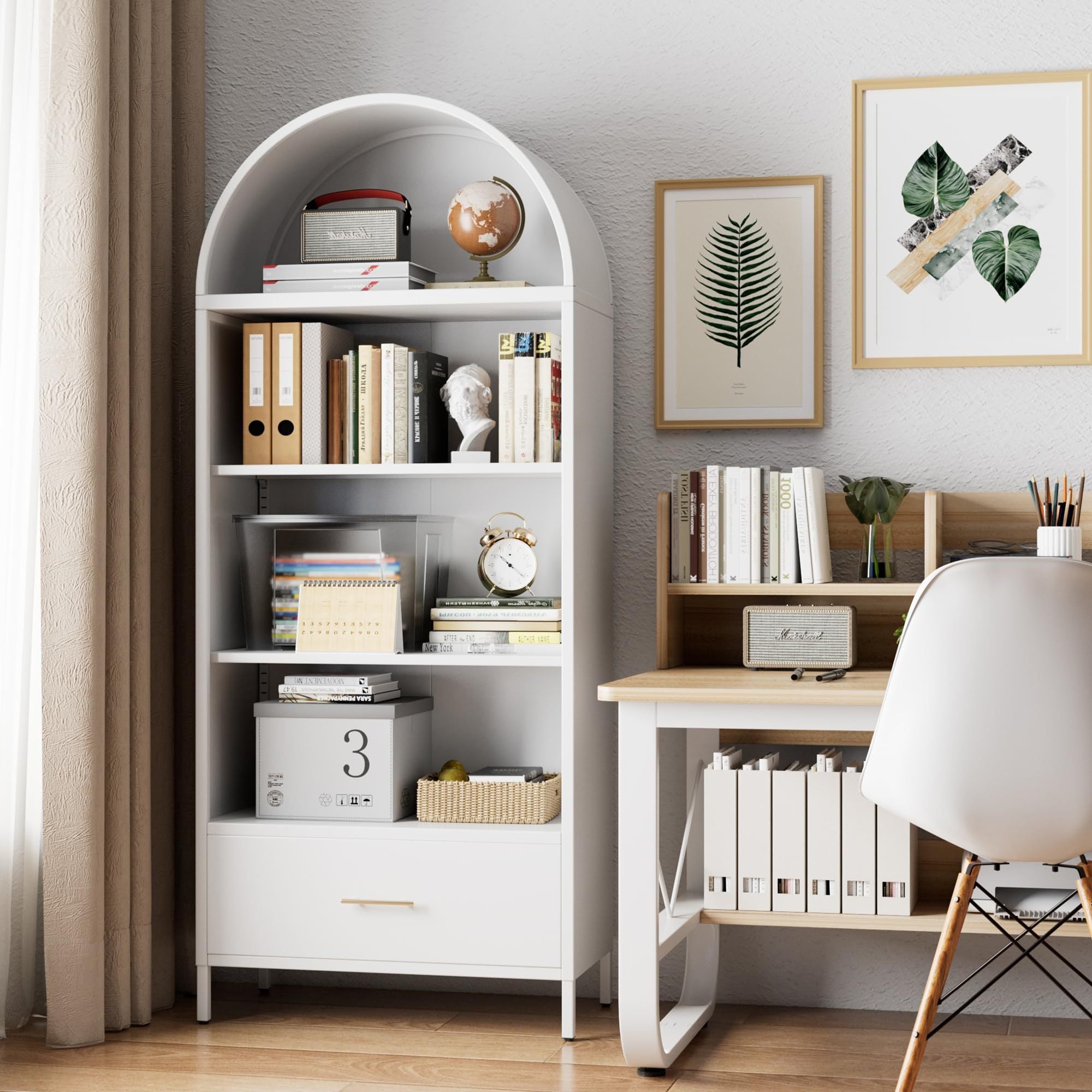 72.83inch H Metal Arched Bookshelf Cabinets,Arch Bookshelf With Drawer For Home Office, Assemble Require, White