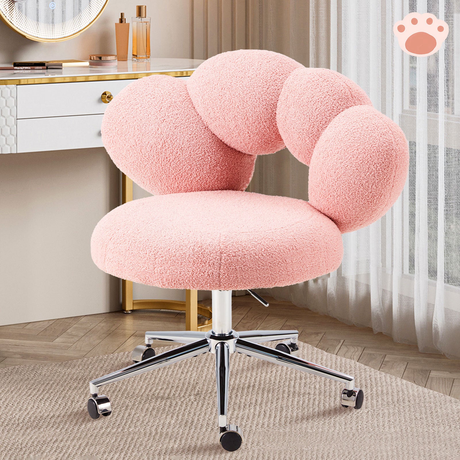 Armless Desk Chair Teddy Fabric Vanity Chair With Wheel