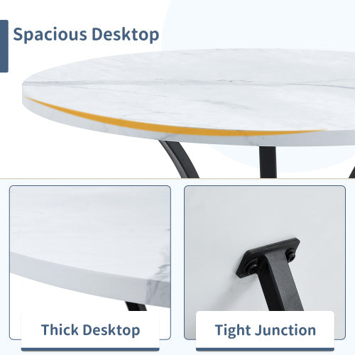 A Modern Minimalist Circular Table With A Diameter Of 33.3 Inches, An Elegant And Practical Choice.White Marble Textured Pattern Desktop, Paired With Uniquely Shaped Metal Leg.