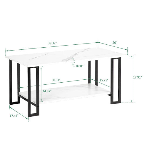 D&N Coffee Table, 2 Layers 1.5cm Thick Marble MDF Rectangle 39.37 L Tabletop Iron Coffee Table , Dining Room, Coffee Shop, Resterant, White Top, Black Leg