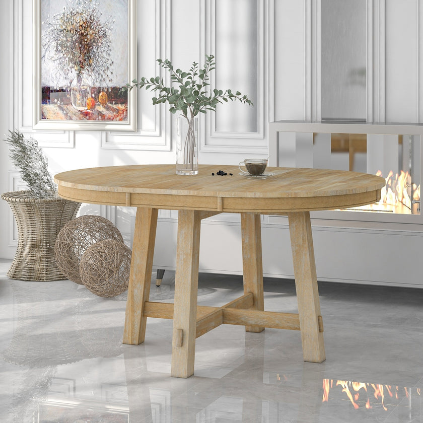 TREXM Farmhouse Extendable Round Dining Table With 16 Leaf Natural Wood
