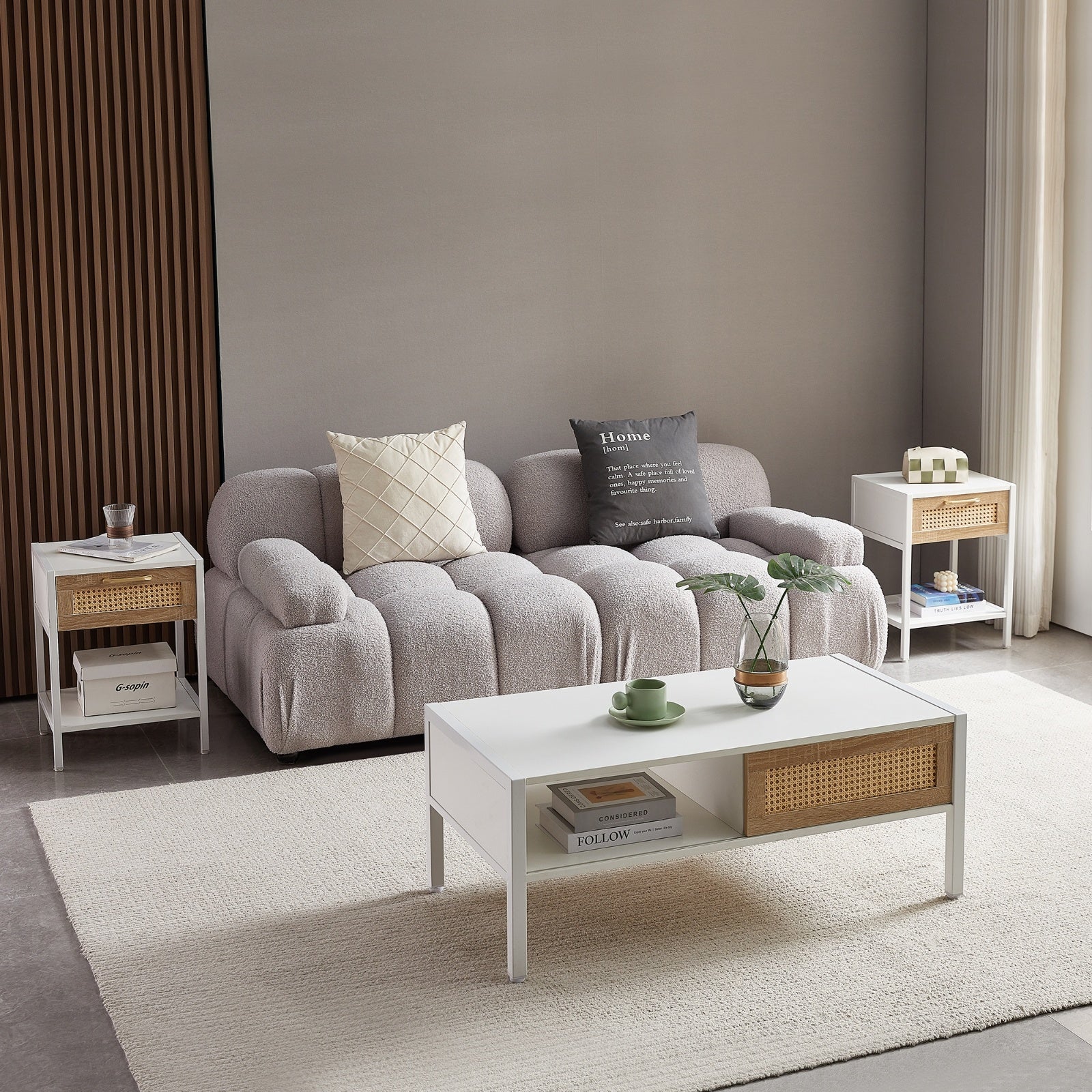 40.16 Rattan Coffee Table With Sliding Door, Metal Legs - Modern Living Room
