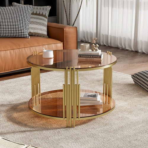 Modern Brown Glass Coffee Table, Asymmetrical Metal, Circular Metal Drum Base, Gold Finish  Lower Shelf