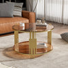 Modern Brown Glass Coffee Table, Asymmetrical Metal, Circular Metal Drum Base, Gold Finish  Lower Shelf