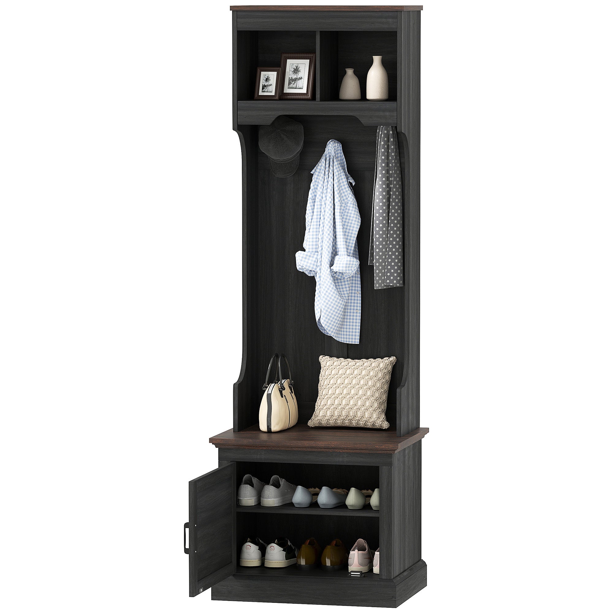 3-in-1 Hall Tree With Shoe Storage, Coat Rack With Bench, Entryway Furniture With Five Hooks, Black Wood Grain