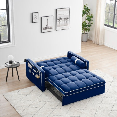 Leeper Sofa Couch W Pull Out Bed, 55 Modern Velvet Convertible Sleeper Sofa Bed, Small Love Seat Sofa Bed W Pillows  Side Pockets For Small Space, Living Room, Apartment,Blue