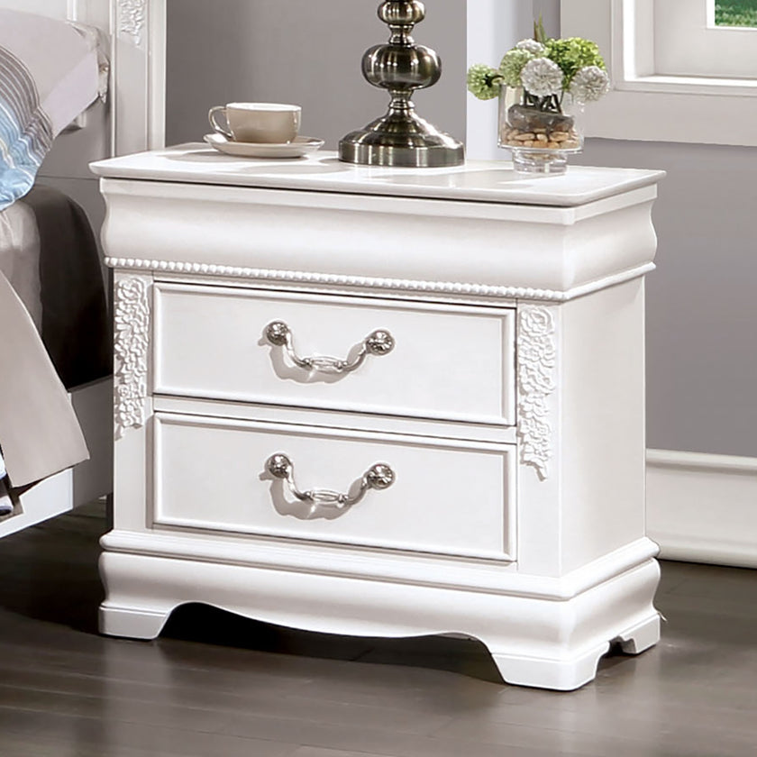 Classic White Color 1pc Nightstand Bedroom Furniture Solid Wood Nickel Hanging Pulls 2-Drawers Bedside Table