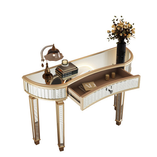 47 Half  Moon Mirrored Console Table With Fluted Glass  Crystal Knob Drawer  Silver Entryway Vanity Desk For BedroomDressing RoomGold Sliver