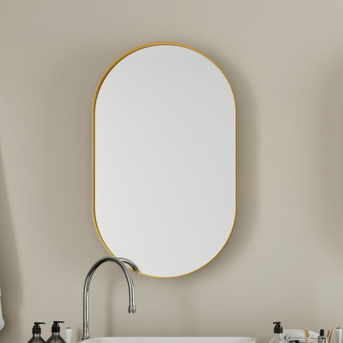 20x34 Inch Oval Recessed Medicine Cabinet, Metal Framed Bathroom Wall Cabinet With Mirror And Adjustable Shelves, Wall Mirror With Storage For Bathroom, Matte Gold