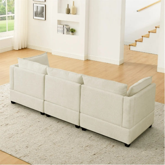 Modern Chenille Comfy Upholstered 3-Seat Sofa With 2 Lumbar Pillow, Deep Seat Sofa Sleeper For Living Room, Apartment, Office, Studio  Beige White, 3-Seat