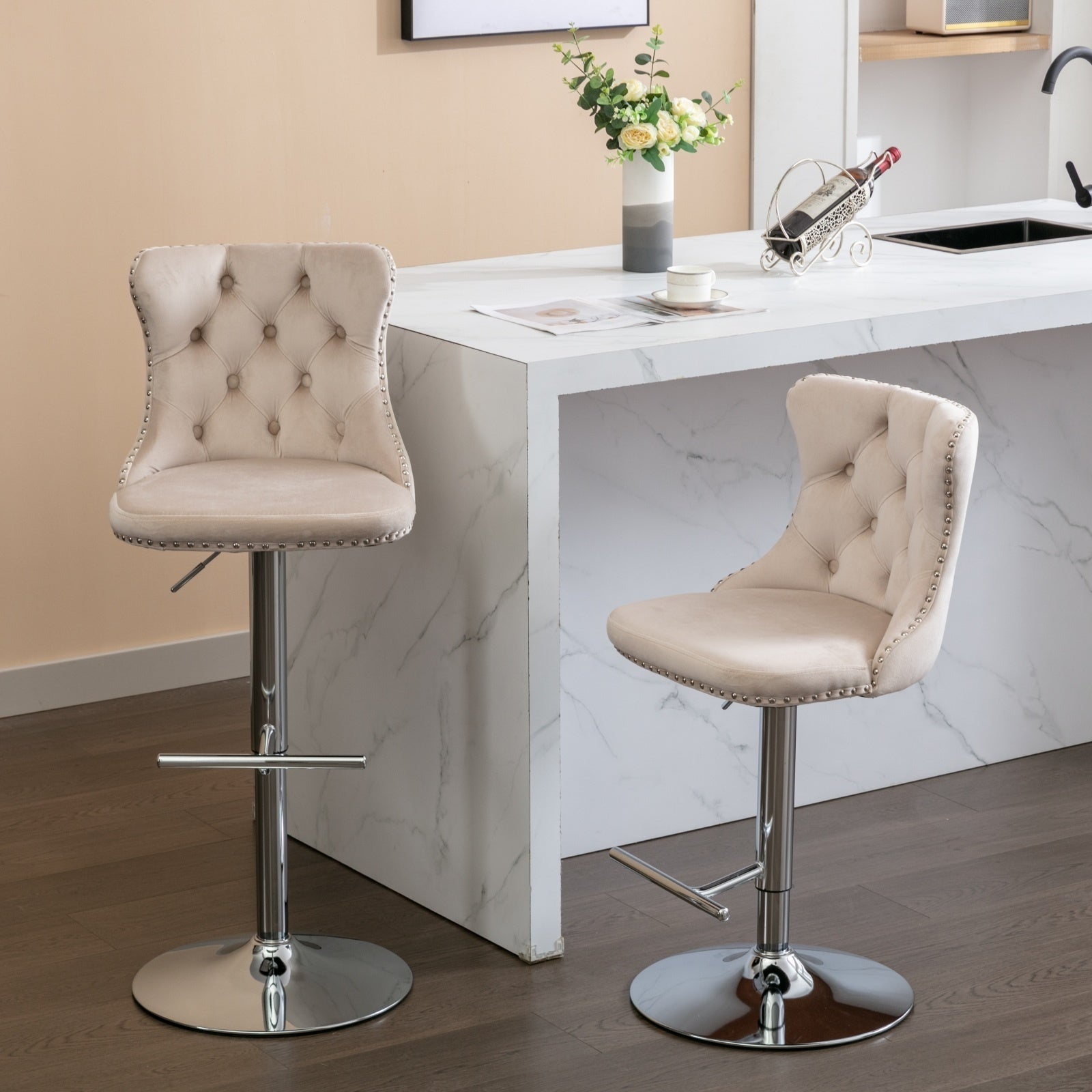 Swivel Velvet Barstools Adjustable 25 33  Seat, Modern Upholstered Chrome Base