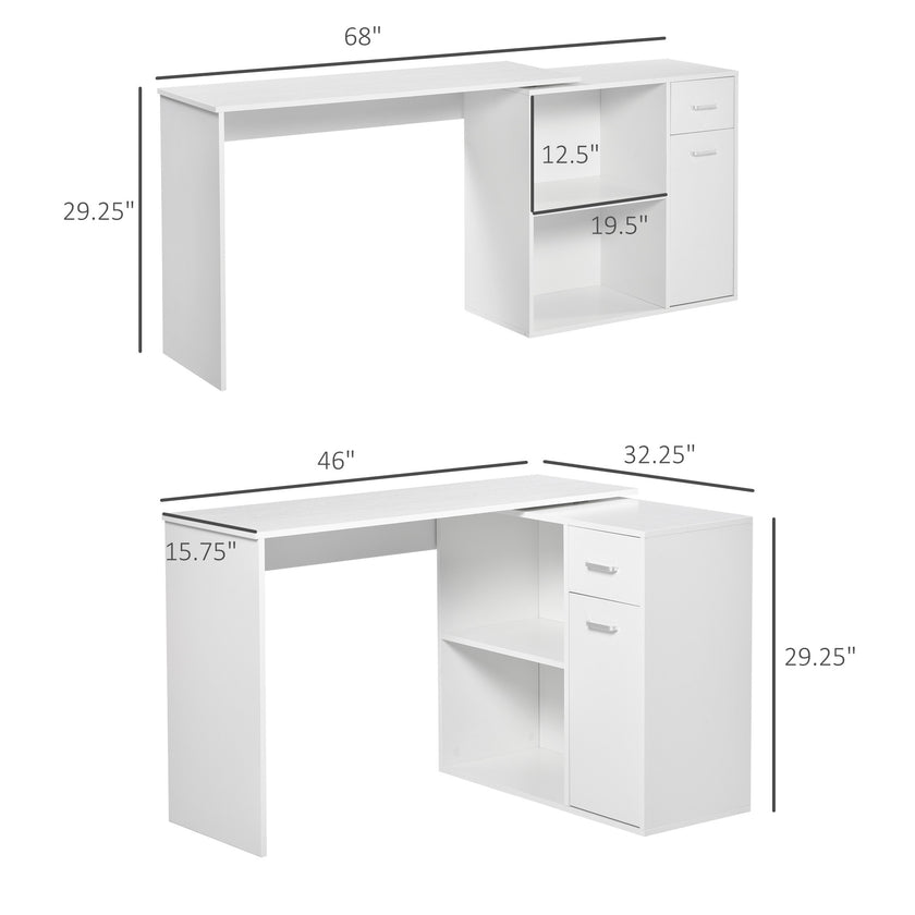 L-Shaped White Computer Desk With Rotating Shelves And Drawer Home Office Workstation